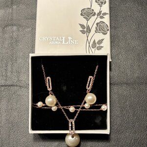 Crystal Line Azuria Faux Pearls with Rose Gold Plated 3 piece Jewelry set NWT